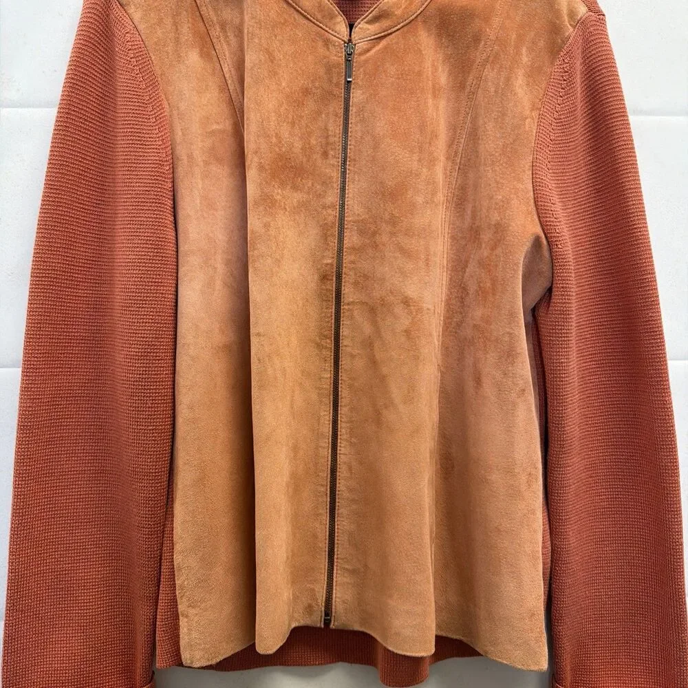 Sigrid Olsen Leather Front Silk Cotton Knit Jacket Rust Full Zip Cardigan Large - Picture 4 of 11